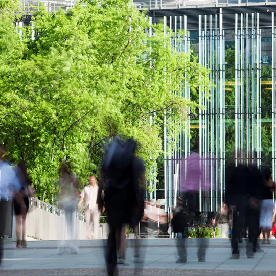 People walking through a town